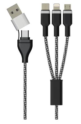 Câble USB 3 en 1 USB-A+C /Micro USB/Lightning/USB-C 1.00 m Tréssé