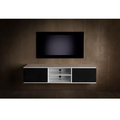 Meuble 155,1 cm - Blanc -3 caissons-pieds 19 cm - 2 portes tissu noir